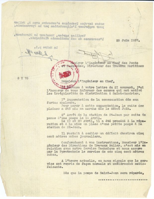 195W48 : Correspondance en réponse de la Mairie de La Seyne-sur-Mer (25 juin 1937)