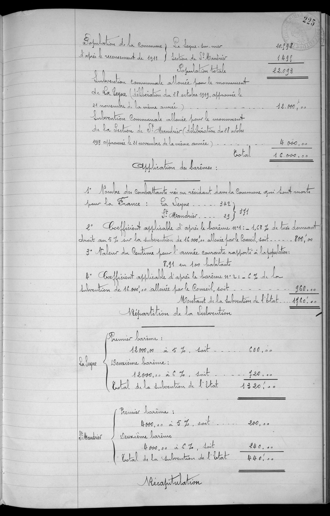 Délibération du 10 décembre 1920