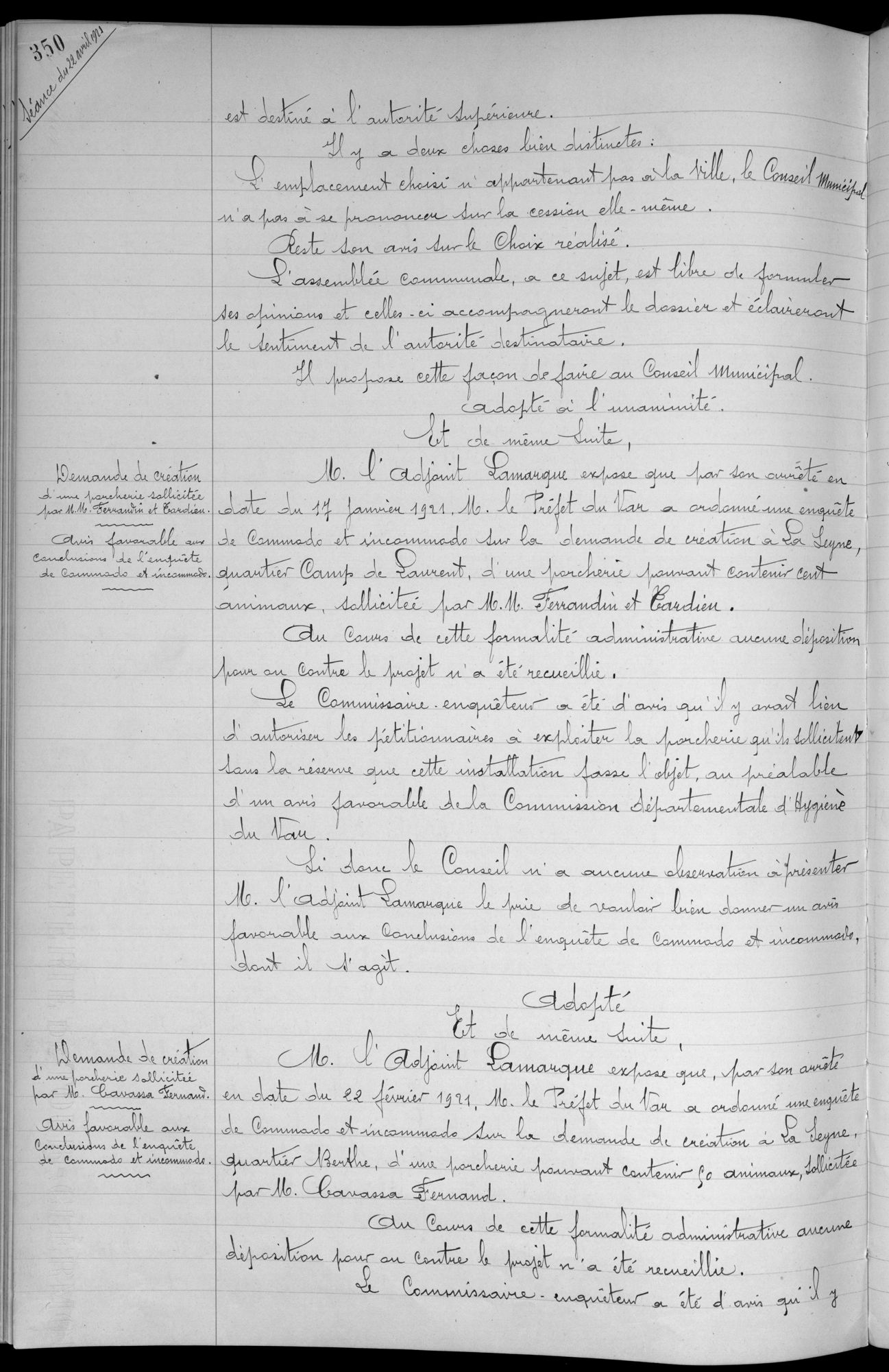 Délibération du 22 avril 1920