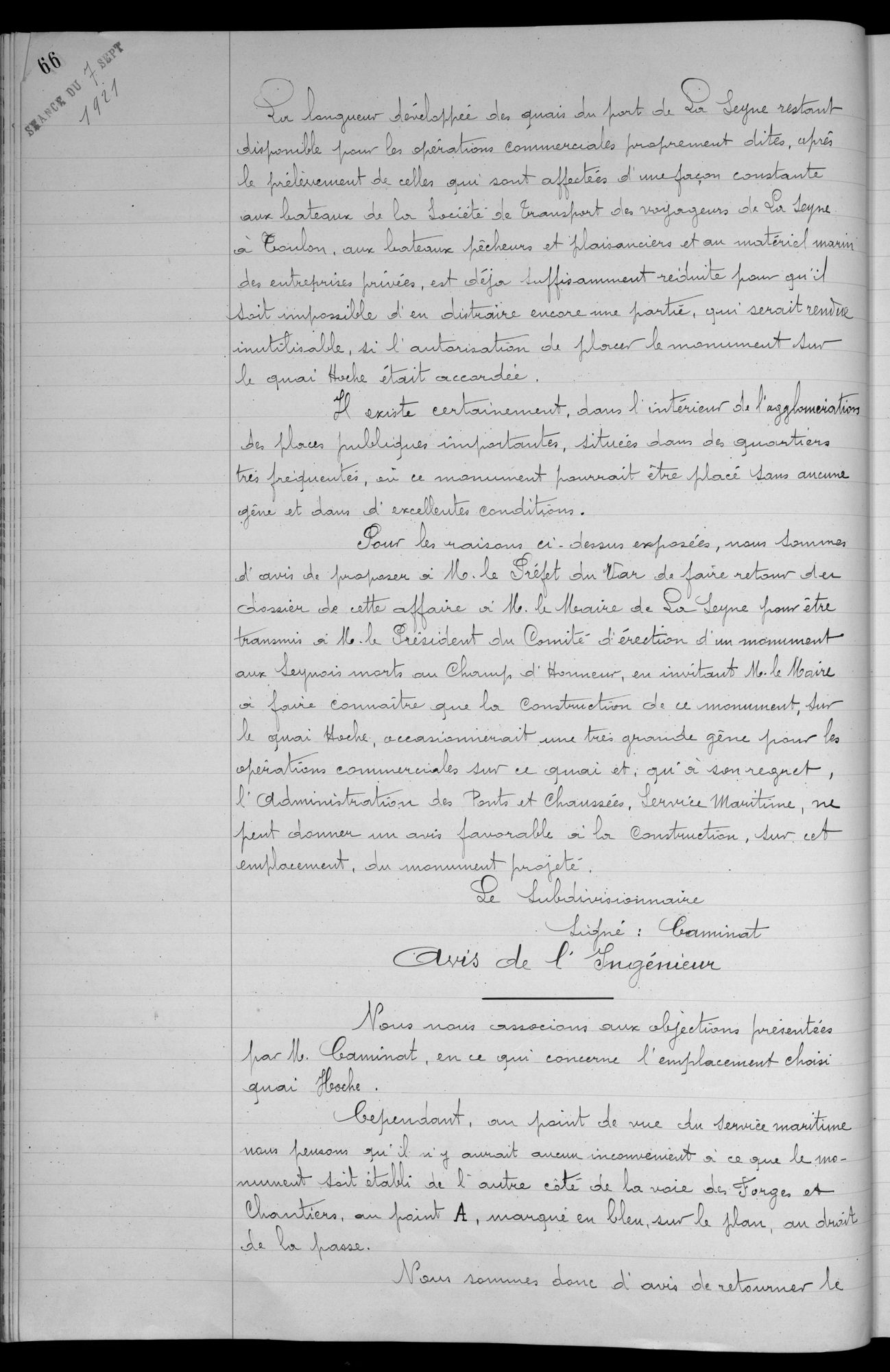 Délibération du 7 septembre 1921