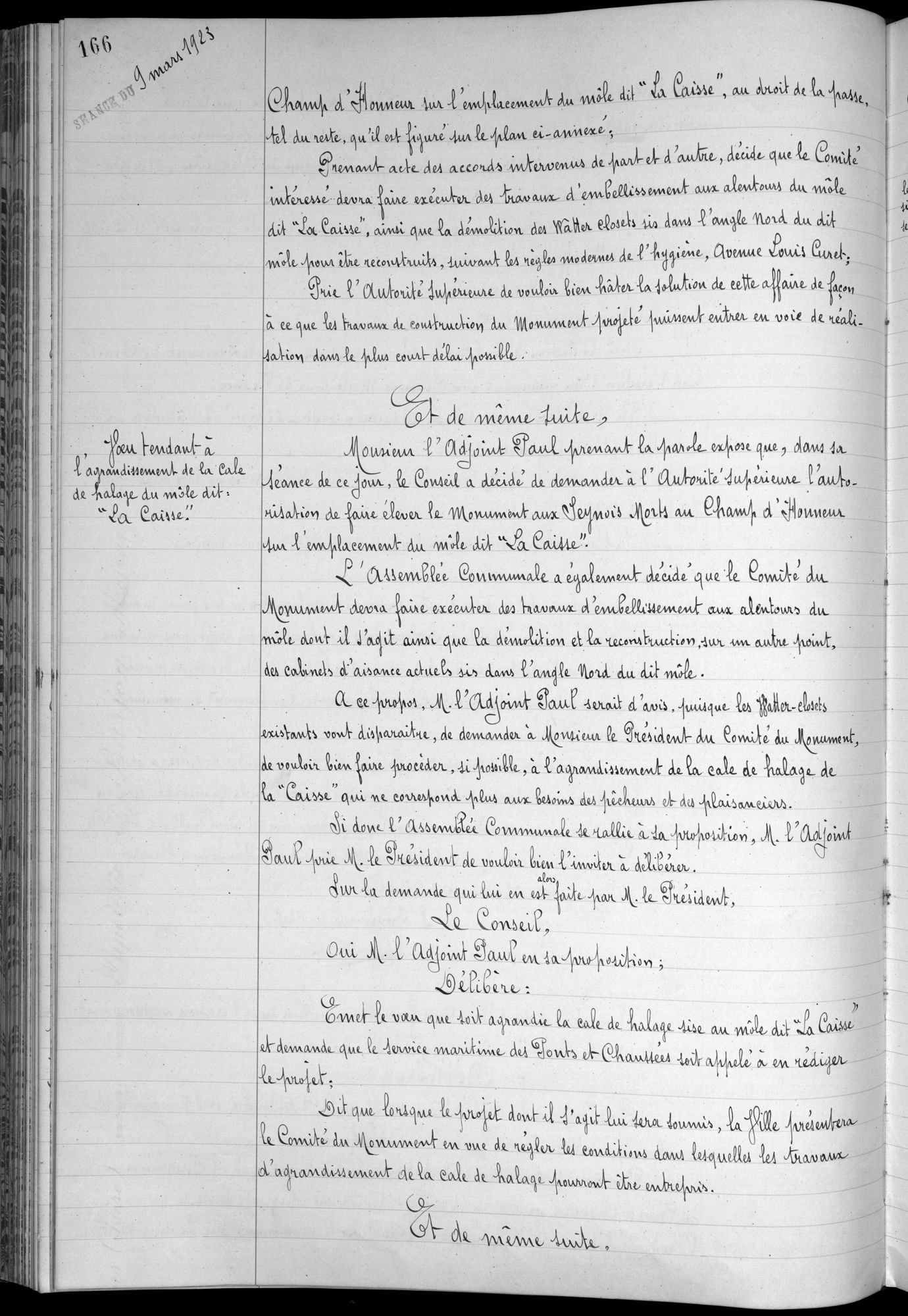 Délibération du 9 mars 1923