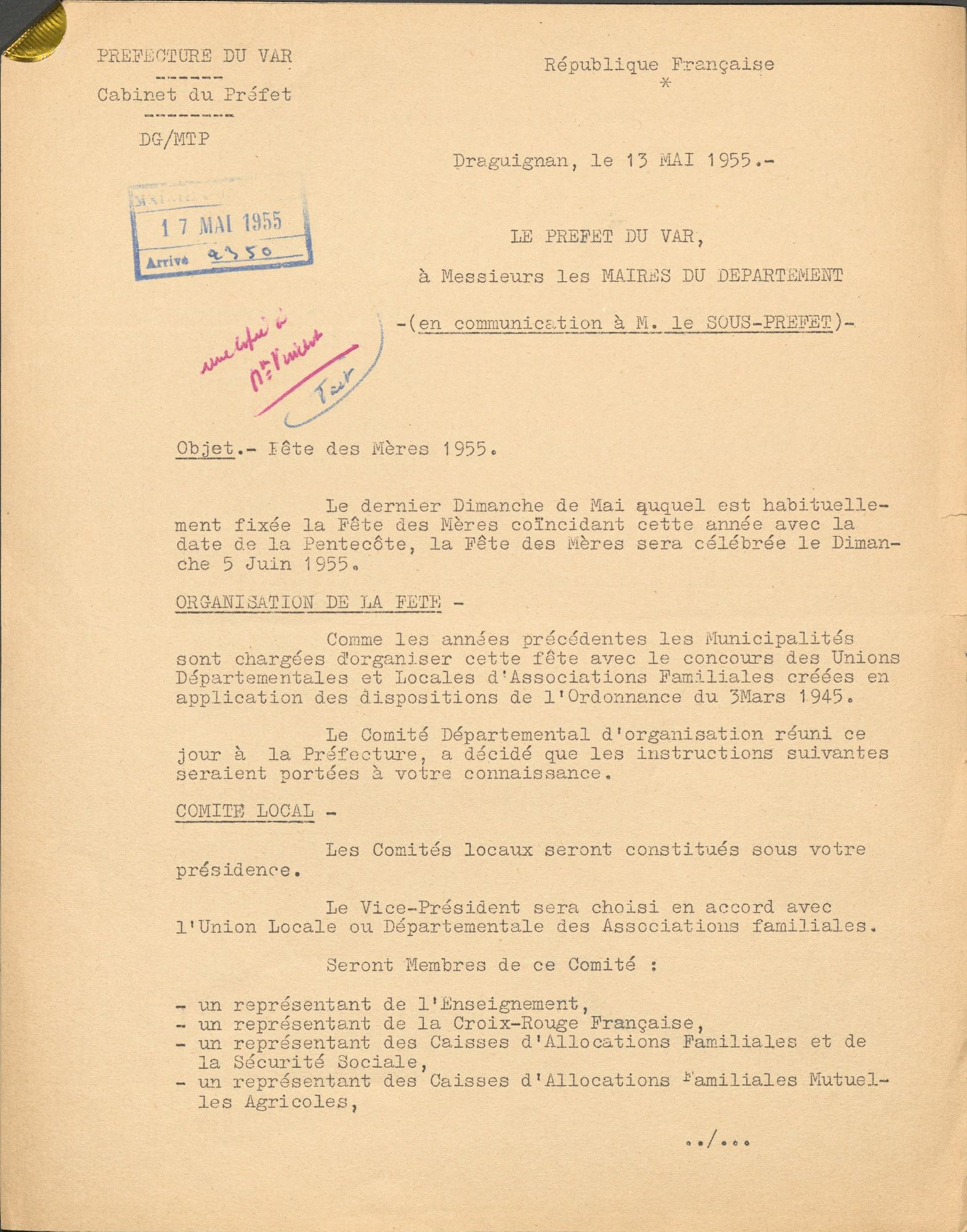 Circulaire préfectorale fête des mères 1955